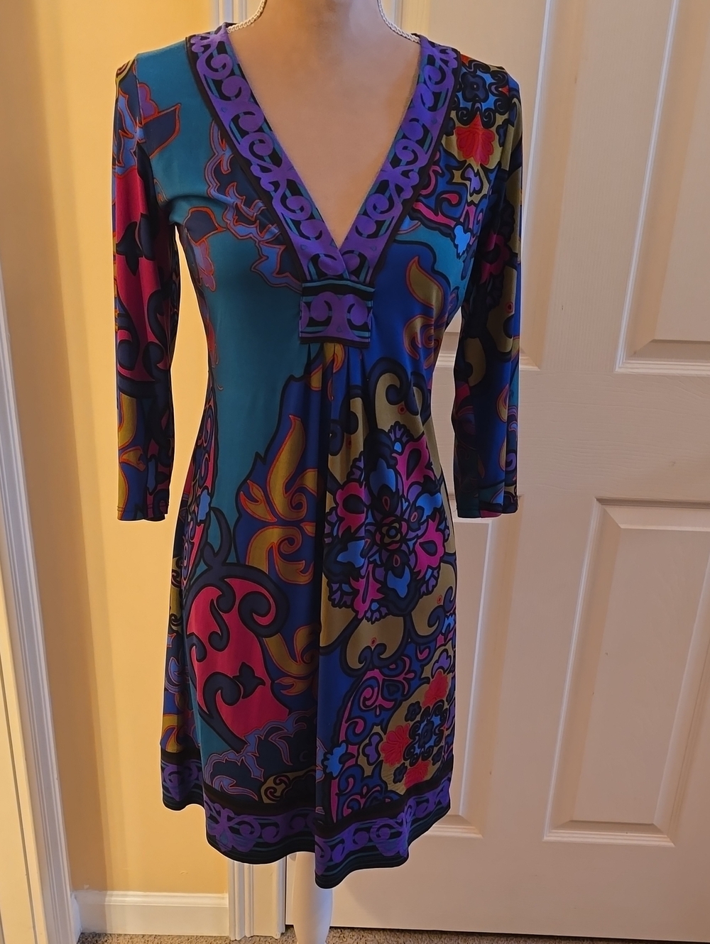 NWOT Hale Bob Size Small Teal, Purple & Pink V-Neck Printed Long Sleeve Dress